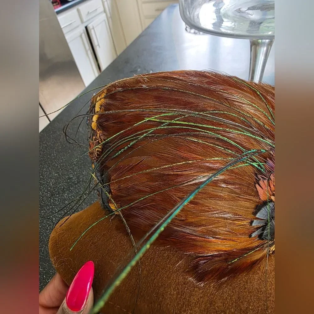 Vtg Peacock Feather Pheasant Hat B. Michael Mysha Brown Felt 21' Derby Racetrack - Picture 10 of 14